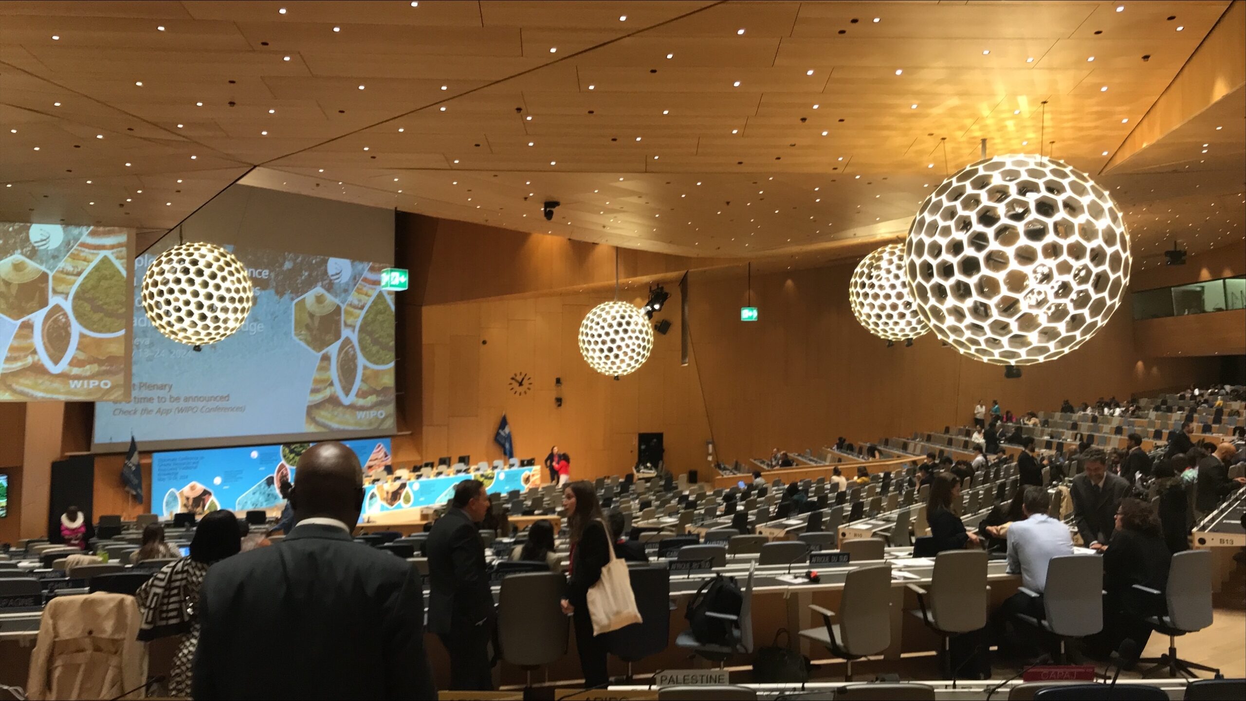 A large conference room. Delegates of the WIPO Diplomatic Conference are taking their seats.